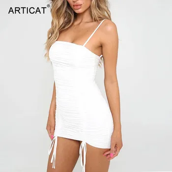 Articat Sexy Špagety Popruh Obväz Šaty Pre Ženy Backless Ruched Šnúrkou Bodycon Strany Mini Šaty 2020 Letné Oblečenie