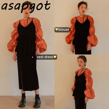 Asapgot kórejský Elegantné Orange Lístkového Rukáv, Blúzky, Ženy Black tvaru Velvet Rovno Špagety Popruh Vintage Šaty Módne Súpravy Wild