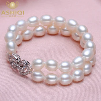 ASHIQI dvojradu Prírodné Sladkovodné Perly Náramky reálne 925 Silver srdce spona pre ženy darček AAAA Ryža pearl jemné šperky