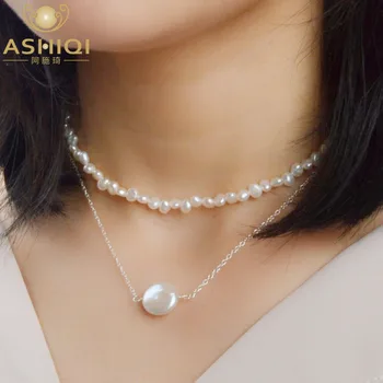 ASHIQI Multi Vrstvy Prírodných Baroková Perla Clavicle Reťazca Šperky 925 Sterling Silver choker náhrdelník módne 2019