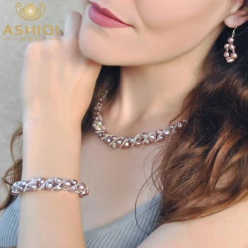 ASHIQI Prírodné Sladkovodné Perly Šperky Sady a Ďalšie Ručne pletené Náhrdelník Náramok Náušnice pre Ženy, NE+BR+EA
