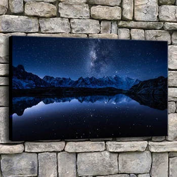 Aurora Nočný Pohľad Mliečna Cesta Horách, Jazero Maľby 1 Panel Krajinný Obraz Na Plátno Tlačiť A Na Stene Dekoratívne Diela