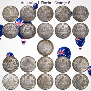 Austrália 1 Florin George V Z 1911-1936 rokov spolu 20 Ks Vopred Korunovaný Poprsie Ľavej Cuproickel Pozlátené Striebro Kópie Mincí
