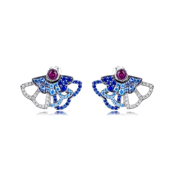 Autentické 925 Sterling Silver Blue & Ružová Ventilátor Vyhlásenie Stud Náušnice pre Ženy Ucho Módne Šperky Brincos 2020 Nové