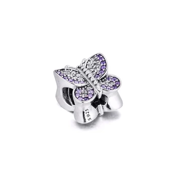 Autentické 925 Sterling Silver Šumivé Motýľ Charms Fialová Crystal Korálky pre Šperky, Takže sa Zmestí Pandora Náramok Berloques