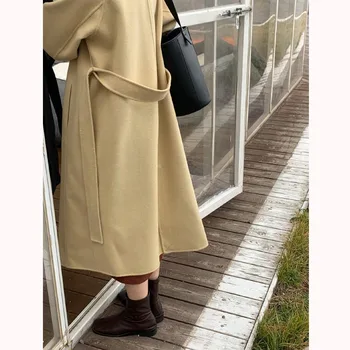 Autum Zimné Office Dámske Dlhé Vlny Kabát Pre Ženy 2021 Teplé Minimalistický Štíhly, Elegantný Kabát S Pásom Kórejský Móda