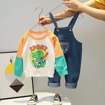 Baby Chlapci, Dievčatá Bavlnené Oblečenie Dieťa cartoon patchwork T-shirt trakmi, Náprsníkové Nohavice 2ks/súpravy Oblečenie Detí Batoľa Tepláky nastaviť