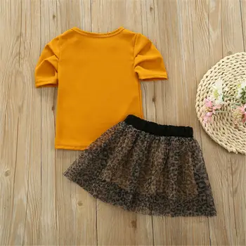 Baby Dievčatá Dieťa Oblečenie Žltá Krátke Rukáv Tričko Topy Leopard Tlač Tutu Sukne Oblečenie Dievčatá Oblečenie Set Sa