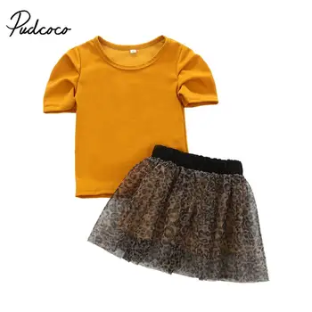 Baby Dievčatá Dieťa Oblečenie Žltá Krátke Rukáv Tričko Topy Leopard Tlač Tutu Sukne Oblečenie Dievčatá Oblečenie Set Sa