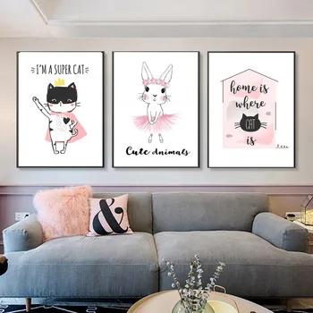 Baby Škôlky Wall Art Plátne, Plagát, Tlač Cartoon Králik Mačka Maľovanie Nordic Deti Dekorácie Obrázok Deti Spálňa Cuadros