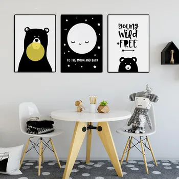 Baby Škôlky Wall Art Plátno Plagáty Black a White Bear Vytlačí Cartoon Nordic Deti Dekorácie Obrázok Deti Spálňa Decor