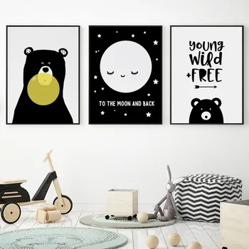 Baby Škôlky Wall Art Plátno Plagáty Black a White Bear Vytlačí Cartoon Nordic Deti Dekorácie Obrázok Deti Spálňa Decor