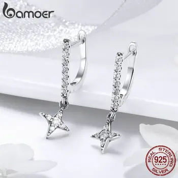 BAMOER 925 Sterling Silver Trblietajúce Star Geometrické Drop Náušnice pre Ženy Svetelný CZ Módne Náušnice Šperky SCE446