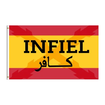 Bandera de España con la Cruz de Borgoña y la palabra Infiel en español y sk árabe
