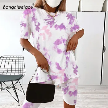 Bangniweigou tie-Dye Oblečenie Letné Tričko + krátke Nohavice Dvoch Kus Ženy, Cyklistické Šortky, Tepláky Zhodné Sady Bežné 2ks