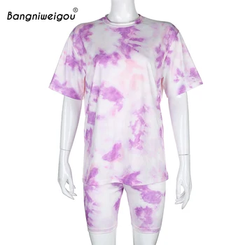 Bangniweigou tie-Dye Oblečenie Letné Tričko + krátke Nohavice Dvoch Kus Ženy, Cyklistické Šortky, Tepláky Zhodné Sady Bežné 2ks