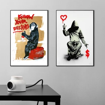 Banksy Umenie Nasledovať Svoje Sny Plátno Plagáty Abstraktné Opice olejomaľby na Plátne, Graffiti, Street Art Obrázky Domov Cuadros