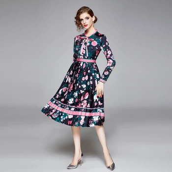 Banulin 2019 Jeseň Dráhy Dizajnér Elegantné Skladaný Šaty dámske Dlhý Rukáv Kvetinový Tlačené Šaty Dot Tlače Luk Vestidos