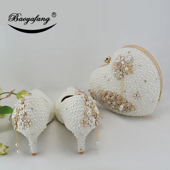 BaoYaFang White pearl Ženy, svadobné topánky s príslušnými tašky nevesta 7 cm Tenké päty Páva Dámy Paty obuvi a taška Veľká veľkosť