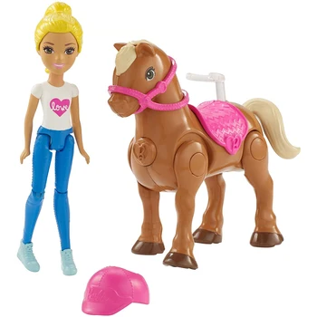 Barbie on-the-Go Pony Hnedej a Bábiku a Mini Vozidla 1 Bábika Môže Jazdiť Všetko na Vlastné Bábiky Hračky pre Dievča, Darček k Narodeninám
