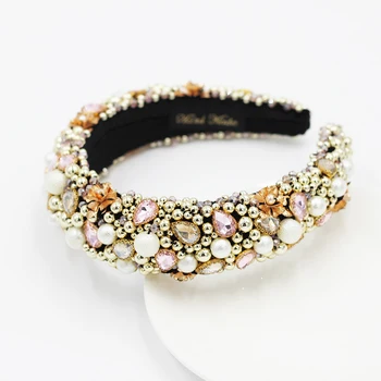 Baroková móda drahokamu hlavový most Barokový Ručné Kamienkami Čalúnená Čelenky Zlatý Kvet Crystal Pink pearl Korálky Vlasy 765