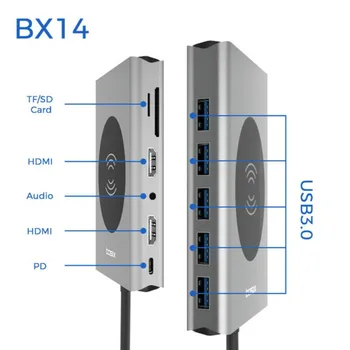 Basix 14 V 1 USB-C Hub Dokovacej Stanice Adaptér USB 3.0 Bezdrôtové Nabíjanie Dual kompatibilný s HDMI VGA, 3,5 mm Audio RJ45 pre Macbookpro