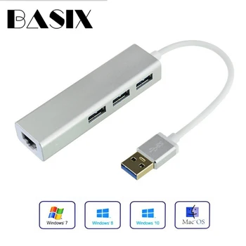 Basix USB Ethernet Adaptér 3 Porty USB 3.0 Hub USB na Rj45 1000Mbps Sieť Lan Karta pre Macbook pro, Mac Desktop Ethernet USB