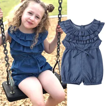 Batoľa Detský Baby Dievčatá Prehrabať Denim Romper Jumpsuit Oblečenie Oblečenie Letné Bez Rukávov Roztomilé Dieťa Dievča Oblečenie