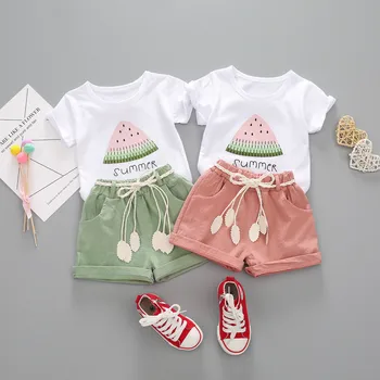 Batoľa Detský Baby Girl Šaty Melón List Tlač Krátky Rukáv Topy + Šortky Oblečenie Móda Nastaviť