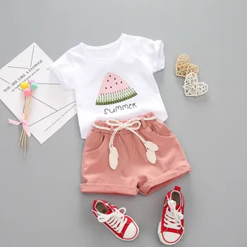Batoľa Detský Baby Girl Šaty Melón List Tlač Krátky Rukáv Topy + Šortky Oblečenie Móda Nastaviť