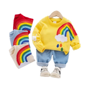 Batoľa dievča oblečenie na Jar novorodenca dievčatá chlapci oblečenie sady rainbow Baby Chlapci Oblečenie Top Džínsy 2ks/nastaví Dlhý Rukáv V