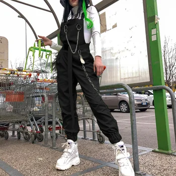 Bavlna Neon Zelená Kombinézach Žien Goth Oblečenie Ramenný Reťazca Pracky Vrecku Romper 2019 Ženy Cargo Jumpsuit Streetwear