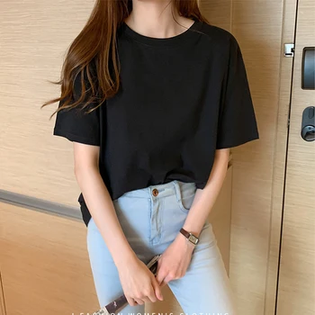 Bavlna tričká dievča čierne tričko žena jednoduché prázdne jednofarebné tričko streetwear letné oblečenie
