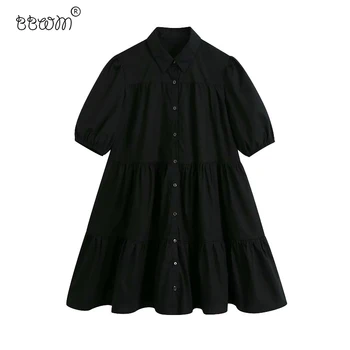 BBWM Ženy 2020 Elegantný Módy Tlačidlá Voľné Rozstrapatené Mini Šaty Vintage Klope Golier Lístkového Rukáv Šaty Vestidos Mujer