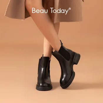 BeauToday Ženy Chelsea Boots Skutočné Teľacie Kože Kolo Prst Platformu Päty Módne Členkové Topánky pre Ženy Ručné 03476
