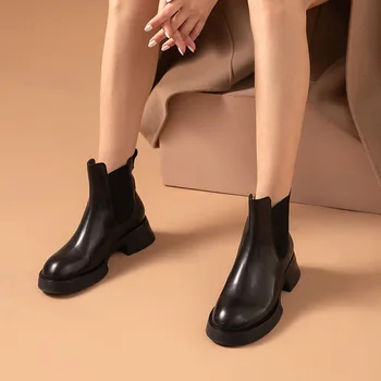 BeauToday Ženy Chelsea Boots Skutočné Teľacie Kože Kolo Prst Platformu Päty Módne Členkové Topánky pre Ženy Ručné 03476
