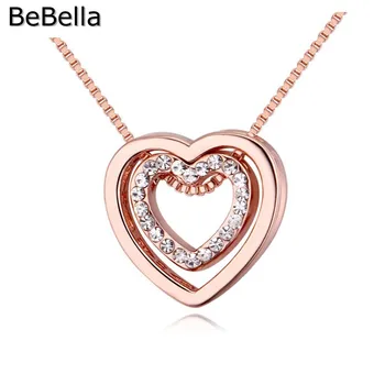 BeBella dvojité kovové farby Srdce prívesok náhrdelník s českými kryštálmi módne šperky pre ženy, dievča, svadobný hosť darček