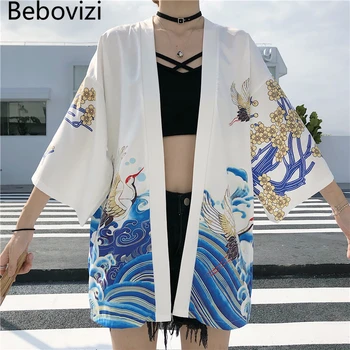 Bebovizi Lete Žeriav Tlač Kimono s Pásom Haori Ženy Cardigan Surblouse Japonskej Tradičnej Pláži Harajuku Sexy Yukata