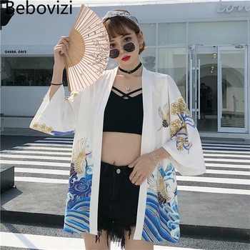Bebovizi Žeriav Kimono Streetwear Cardigan Harajuku Modré Vlny Župan Japonský Štýl Oblečenie Pre Mužov, Ženy, Cosplay Tradičné Bunda