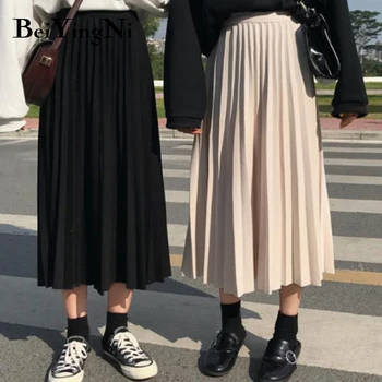 Beiyingni Ženy Skladaný Vysoký Pás Sukne Vintage Bežné Jar Leto Midi Sukne Ženy Jeseň Kórejský Saia Mujer Faldas Dna