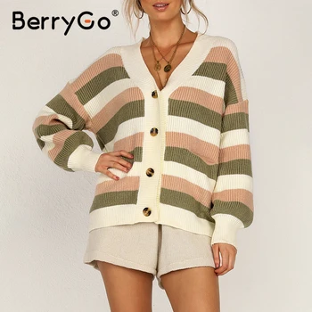 BerryGo Bežné tvaru ženy pletené svetre Svietidla rukáv single-breasted žena cardigan Office lady prúžok voľné sveter