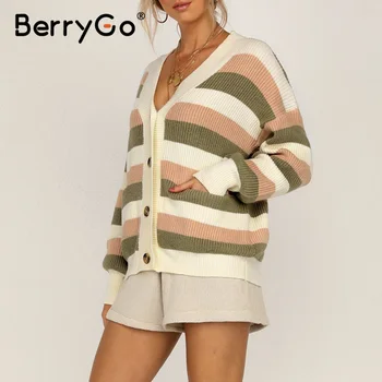 BerryGo Bežné tvaru ženy pletené svetre Svietidla rukáv single-breasted žena cardigan Office lady prúžok voľné sveter