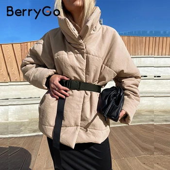 BerryGo Teplý zimný kabát, bundu ženy vetrovka Bežné krídla nový dizajn s vrecko na kabát Stojan golier khaki krátka srsť žena