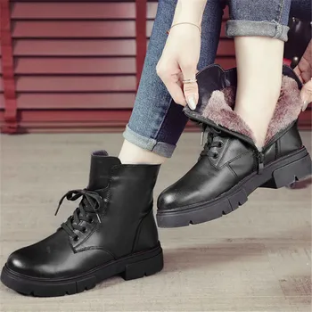 BEYARNEWinter Gumené Topánky Ženy Originálne Kožené Topánky pre Ženy šnurovacie Členkové Topánky Dámske Platformy Kliny Topánky S Kožušinou