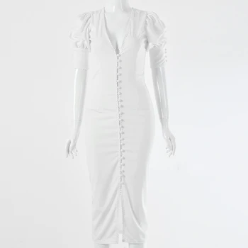 Beyouare elegantné ženy šaty midi tlačidlo dopredu v krku pevný biely split lem sexy lístkového rukáv lete krátky rukáv strany dress2020