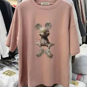 Bežné Pletené Vysoko Kvalitnej Bavlny, Polovičný Rukáv T Shirt Ženy Kórea Diamond Vykladané Myši Harajuku Nové Voľné Hrubé Ružové Tričká Topy