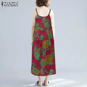 Bežné Tlačené Maxi Šaty dámske Letné Sundress ZANZEA 2021 Vintage Špagety Popruh Dlho Vestidos Žena Kvetinové Šaty Plus Veľkosť
