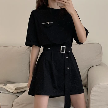 Bežné tričko Šaty s pásom Ženy Lete kórejský Mini Šaty pre ženy Streetwear black fialové šaty vestidos