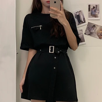 Bežné tričko Šaty s pásom Ženy Lete kórejský Mini Šaty pre ženy Streetwear black fialové šaty vestidos
