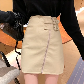 Bežné Vintage Pevné A-Line Ženy Sukne kórejčina PU Kožené Sexy Mini Balík Hip Sukne Móde Dámy Nad Kolená Vysoký Pás Sukne